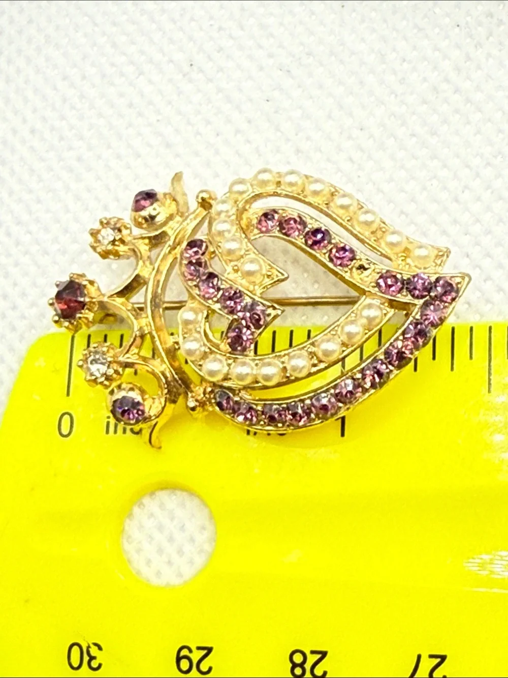 Vintage Gold-Tone Heart Crown Brooch Purple rhinestone faux pearl craft wear